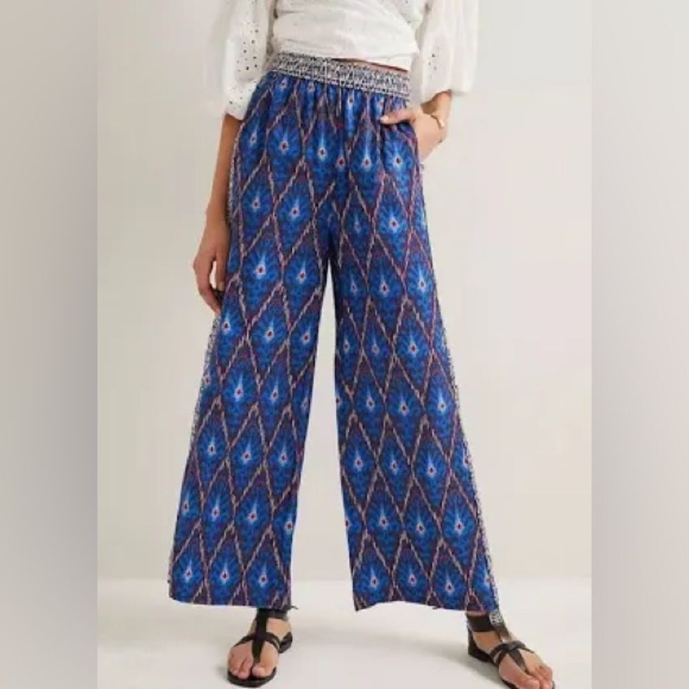 Anthropologie Vale Blue Aztec Printed Wide-Leg Pull-On Pants - Picture 1 of 9